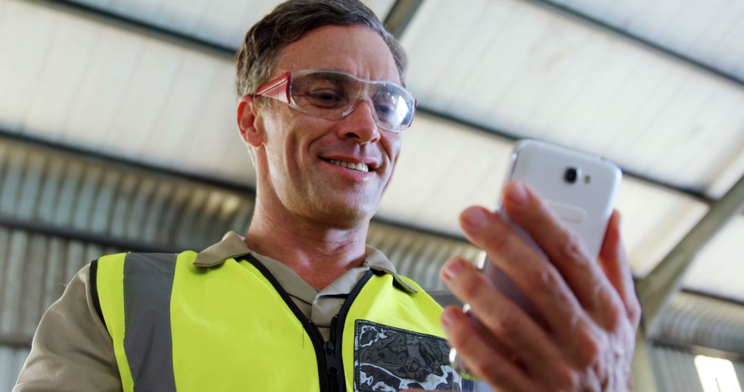 Engineer in safety vest using smartphone in industrial facility - Free Images, Stock Photos and Pictures on Pikwizard.com