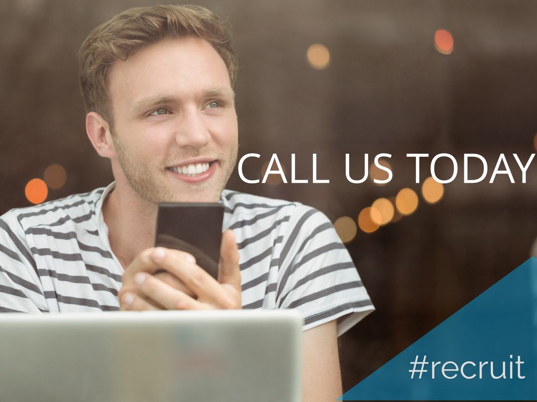 Smiling Man on Phone Call Promoting Recruitment Services