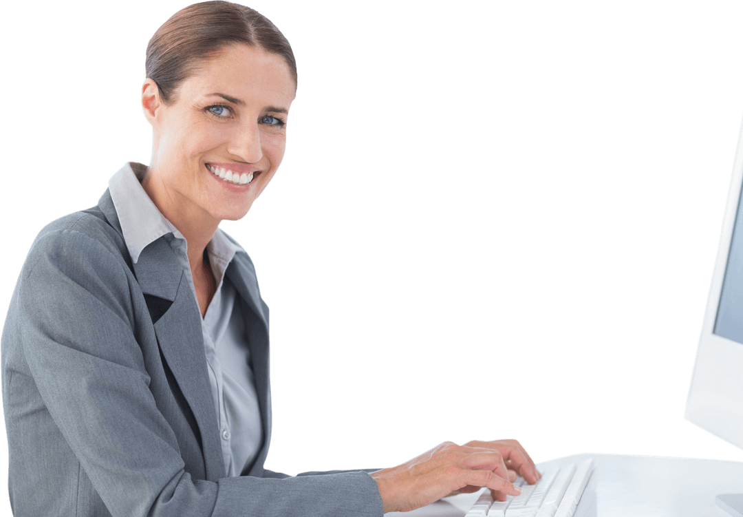 Transparent Smiling Businesswoman Working on Computer