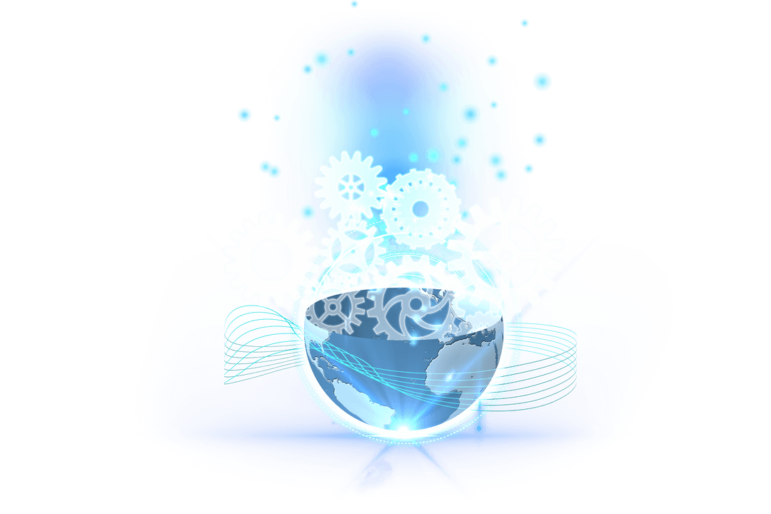 Transparent Gears Emerging from Globe Illustration