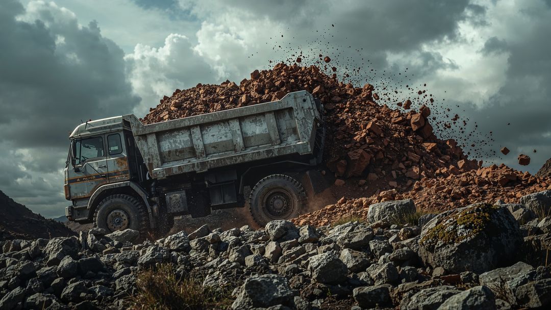 Dumper truck unloading rocks in a quarry