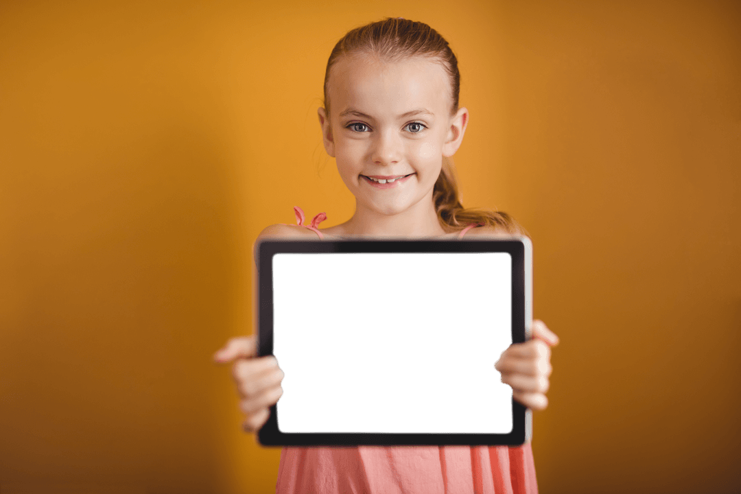 Transparent Girl Holding Blank Tablet Screen
