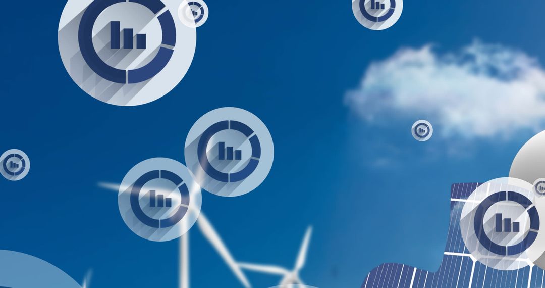 Floating Bar Graph Icons Over Wind Turbines and Puzzle
