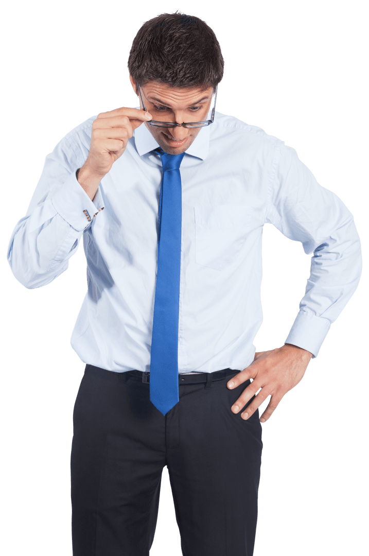 Surprised Caucasian Businessman Examining Something, Isolated Transparent Background