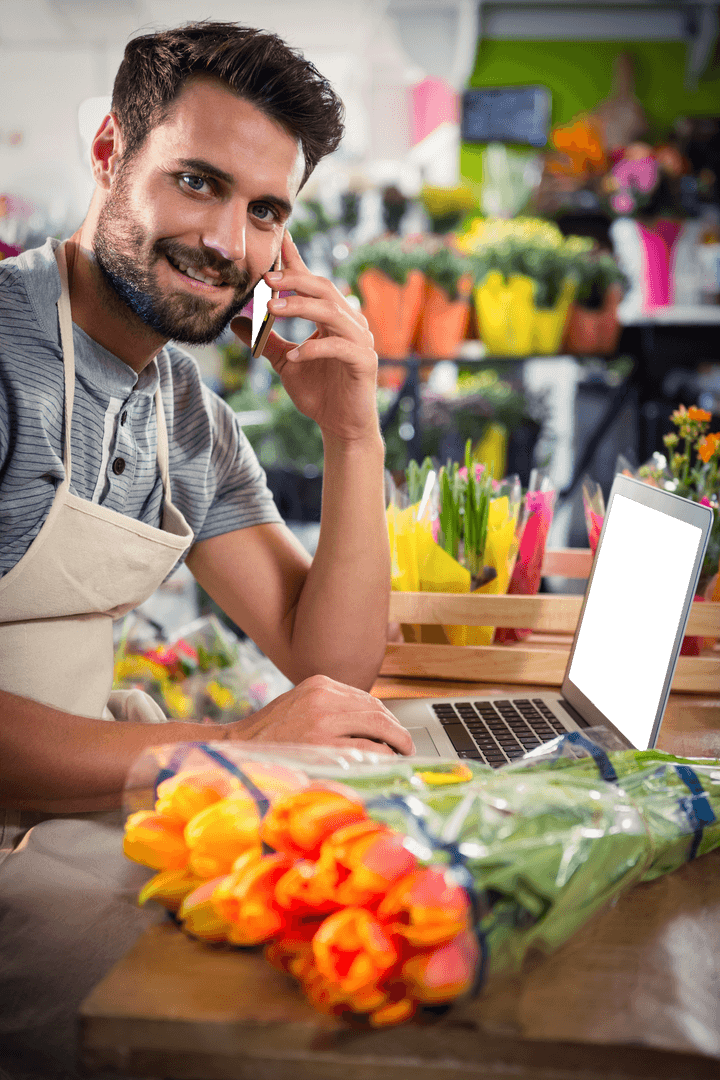 Flower Shop Owner Talking on Phone with Laptop & Tulips, Transparent Look