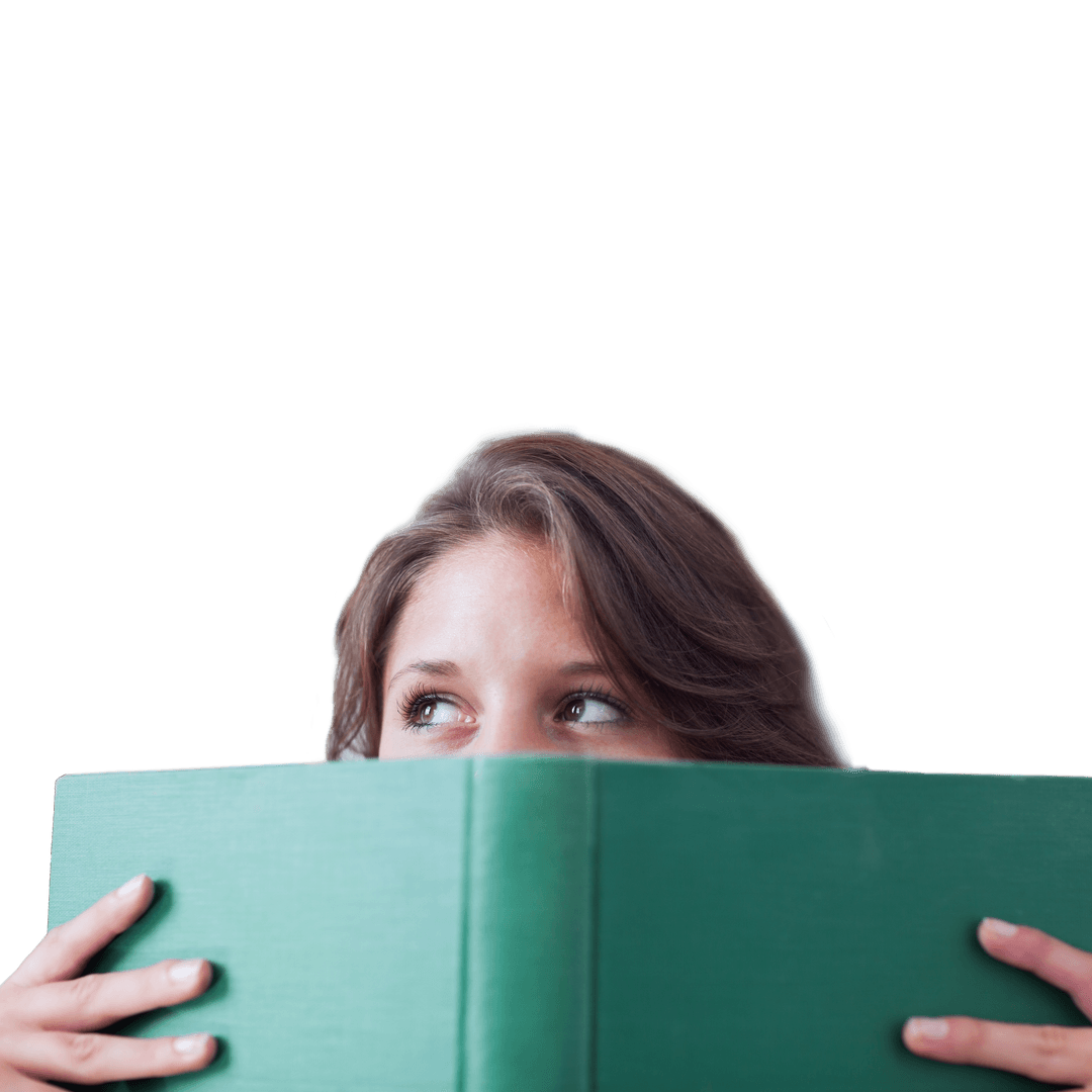 Woman Peeking Over Green Book on Transparent Background