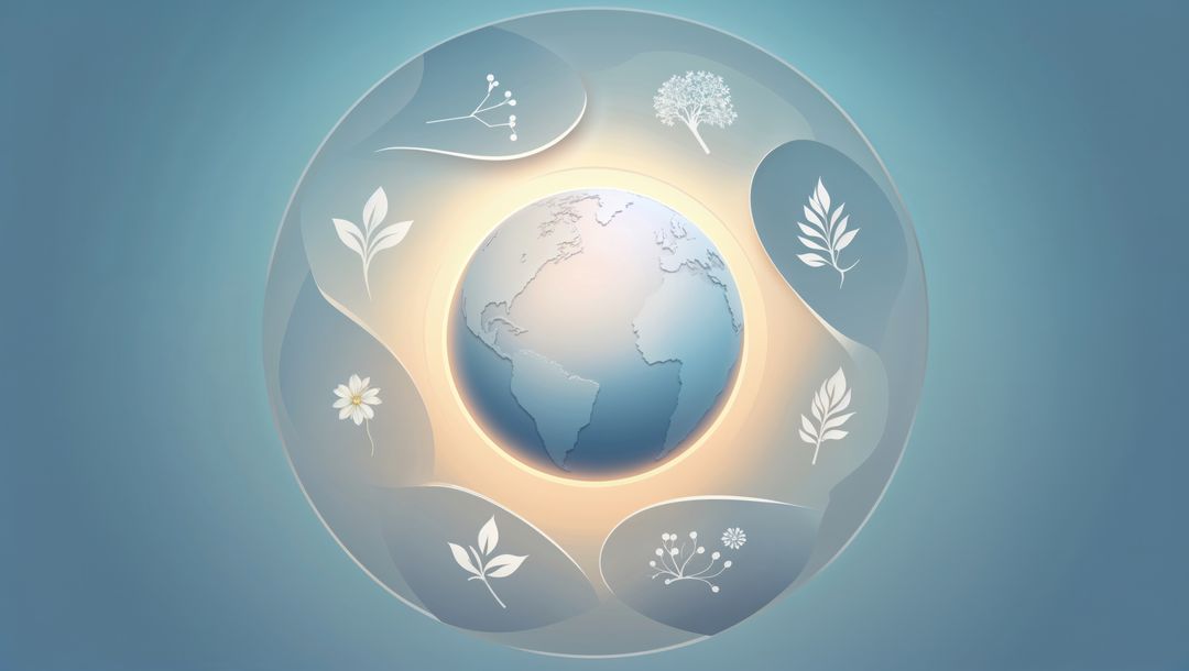 3D Globe in Elegant Petal Frame with Botanical Motifs Represents Harmony