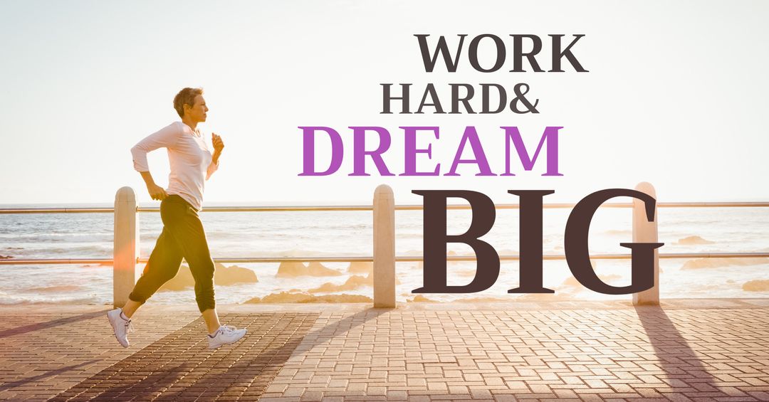 Woman Jogging by Sea with Motivational Quote Work Hard and Dream Big - Download Free Stock Templates Pikwizard.com