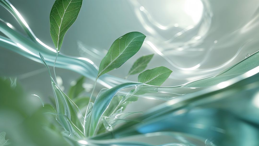 Green Sprout Surrounded by Ethereal Fluid Ribbons in Abstract Nature Scene