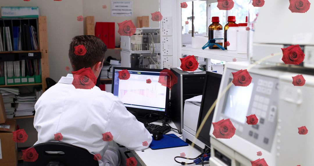 Scientist Analyzing Data With Surreal Rose Overlay
