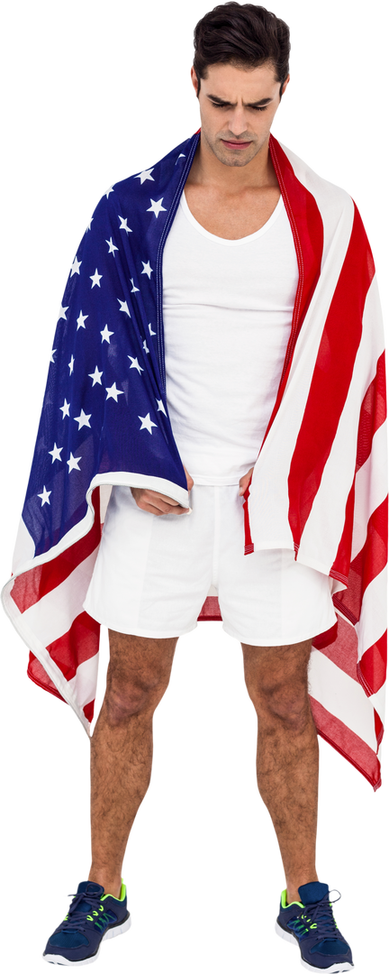 Contemplative Young Athlete Wrapped in Transparent American Flag - Download Free Stock Images Pikwizard.com