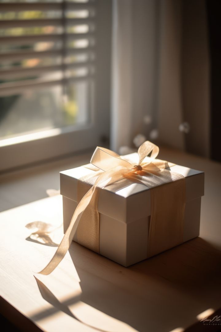 Close up of beige gift with ribbon on windowsill, created using generative ai technology - Free Images, Stock Photos and Pictures on Pikwizard.com