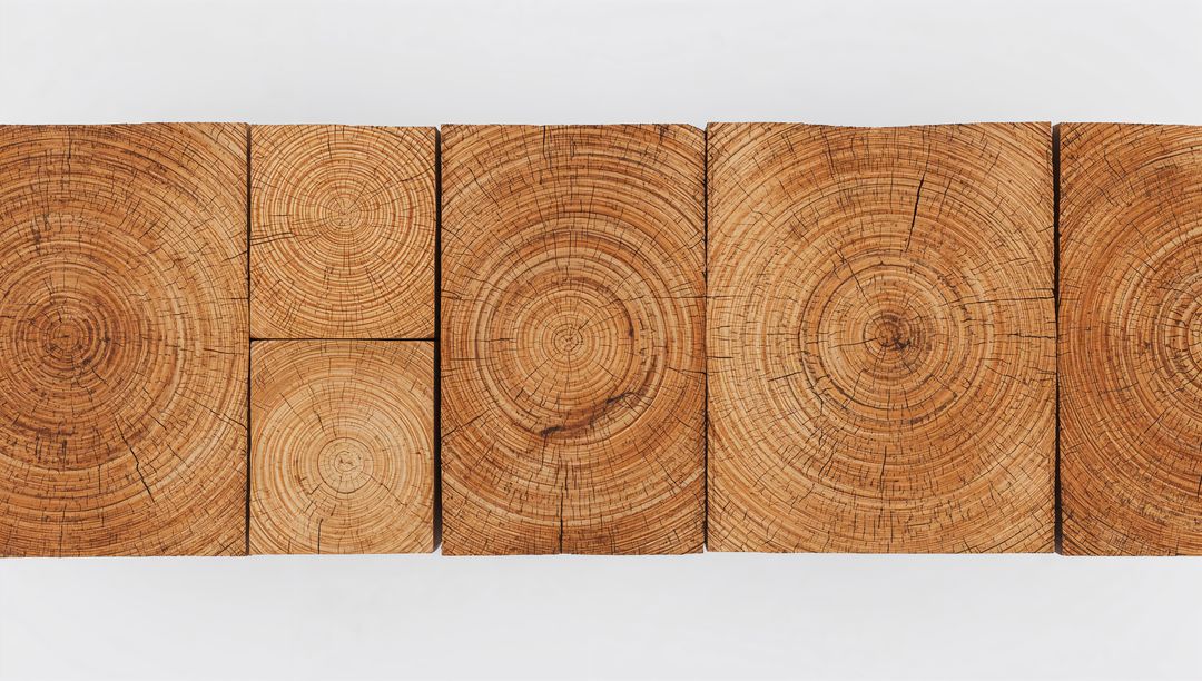 End-Grain Wood Blocks Displaying Growth Rings and Cracks, Rustic Timber Texture Panel