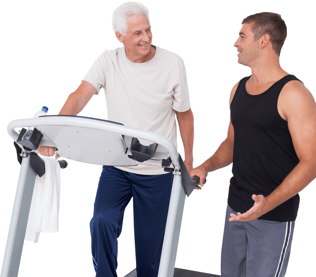 Senior Man on Transparent Treadmill Training With Coach