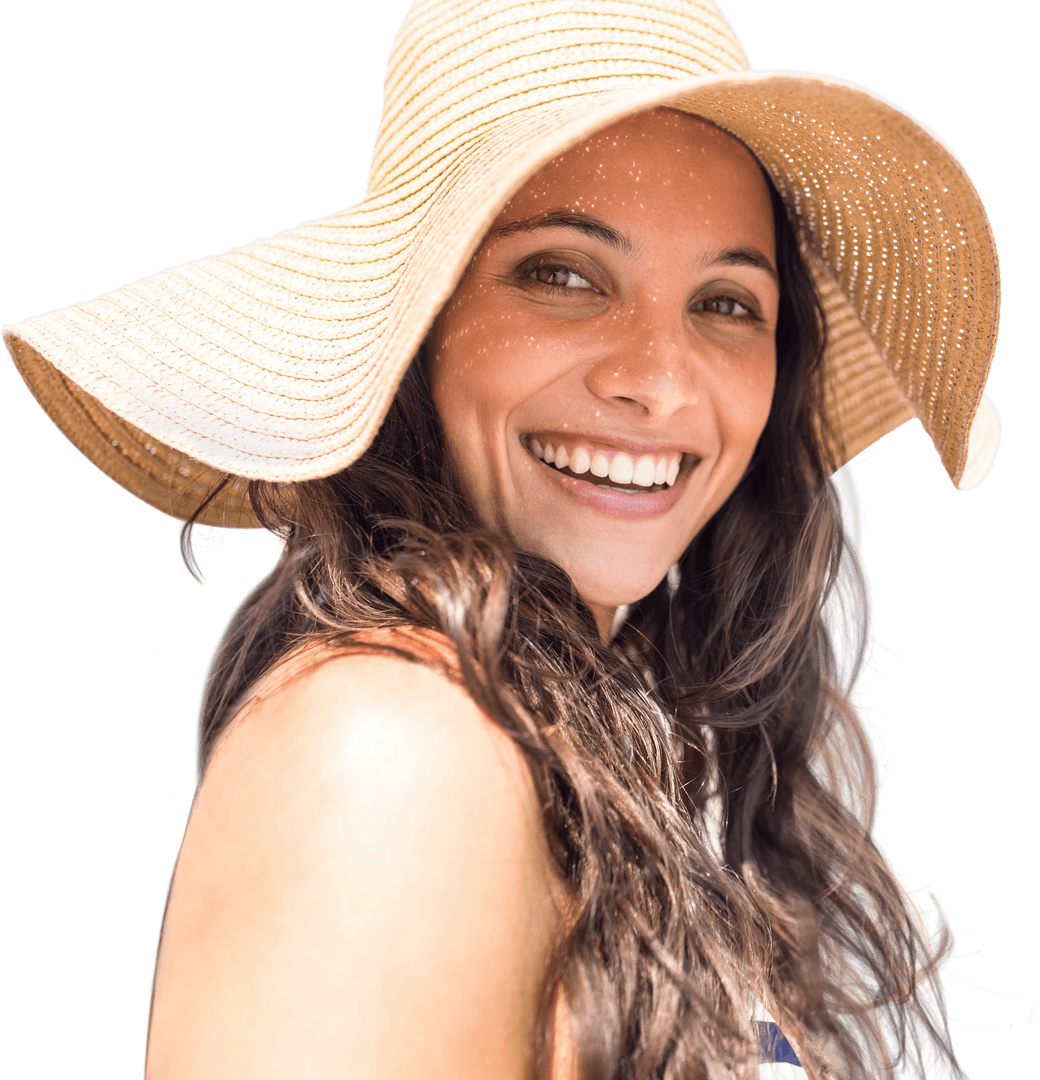 Smiling Woman in Straw Hat on Transparent Background