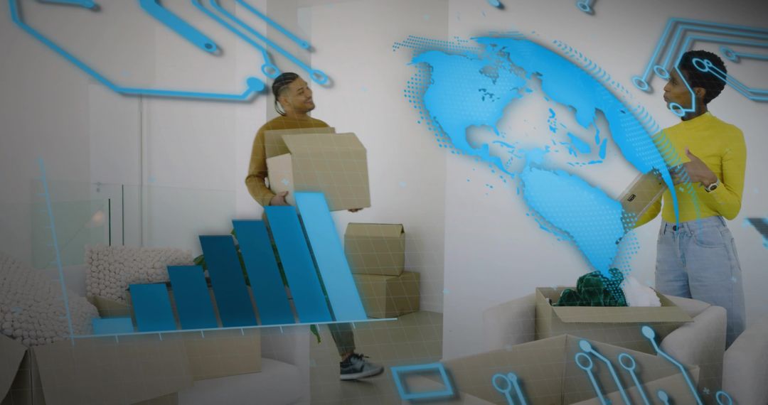 Couple moving into smart home with holographic world map and rising data chart
