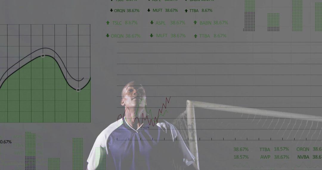 Athlete Analyzing Soccer Performance with Data Visuals