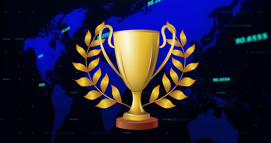 Golden Trophy on Digital World Map Background Symbolizing Global Success