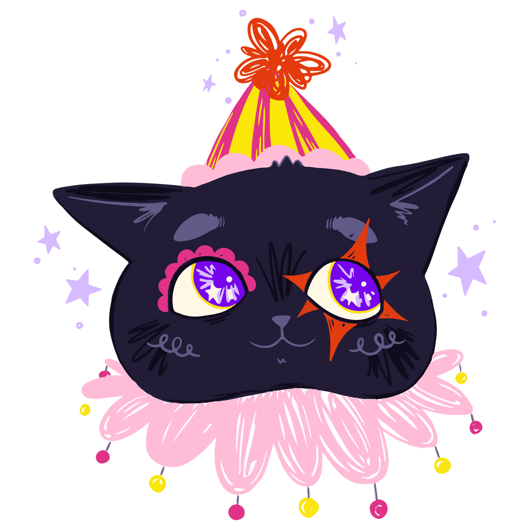 Whimsical Cat with Party Hat and Transparent Background