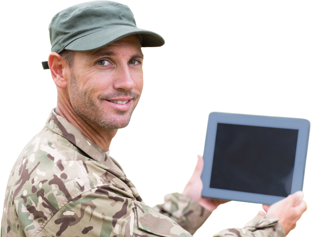 Happy Caucasian Soldier Holding Tablet with Transparent Background - Download Free Stock Images Pikwizard.com