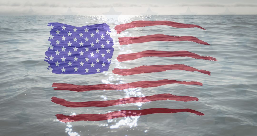 Symbolic American Flag Overlay on Ocean with Sunlight Sparkles
