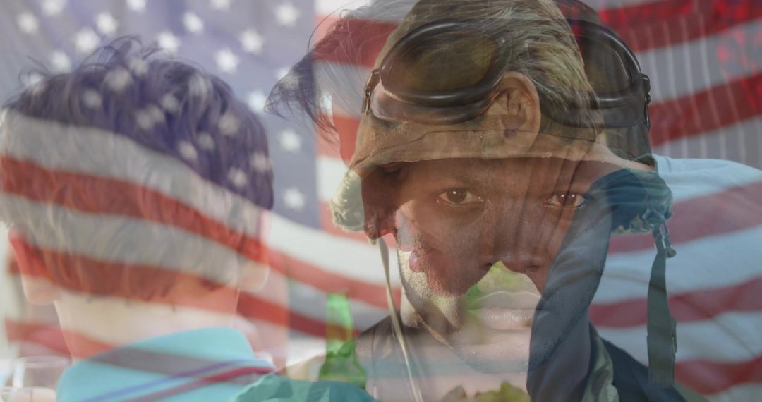 American Pilot in Front of Faded Flag, Emphasizing Unity and Patriotism
