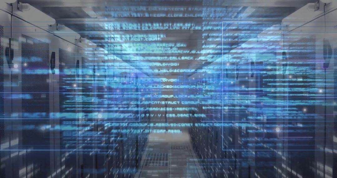 Digital Data Streams Flowing Over Powerful Server Racks