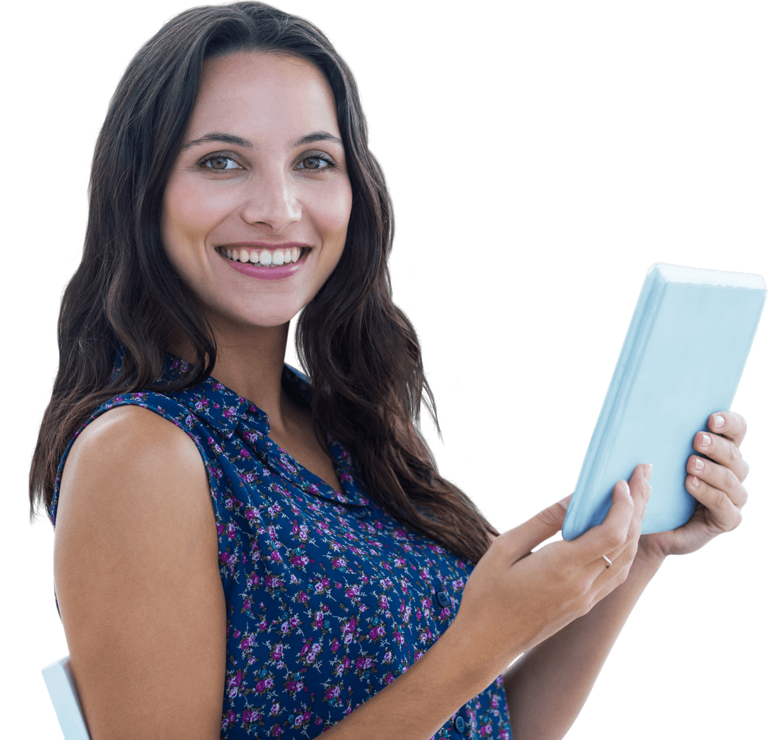 Smiling Caucasian Woman Holding Tablet on Transparent Background
