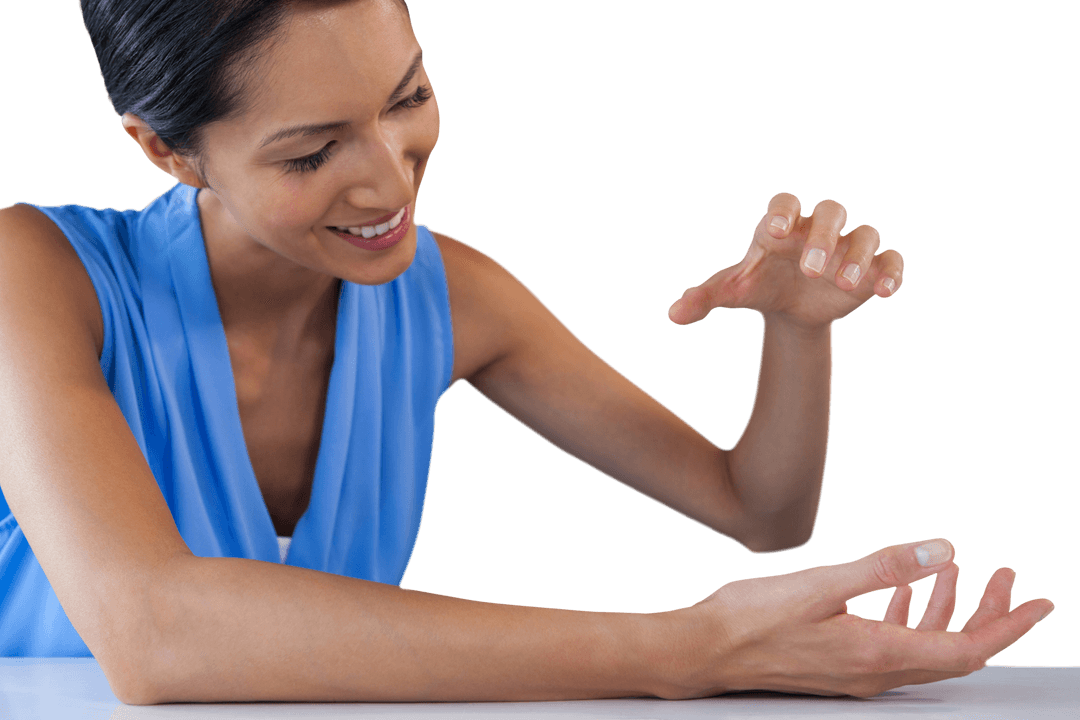 Transparent Smiling Woman Seated Gesturing Happy Interaction