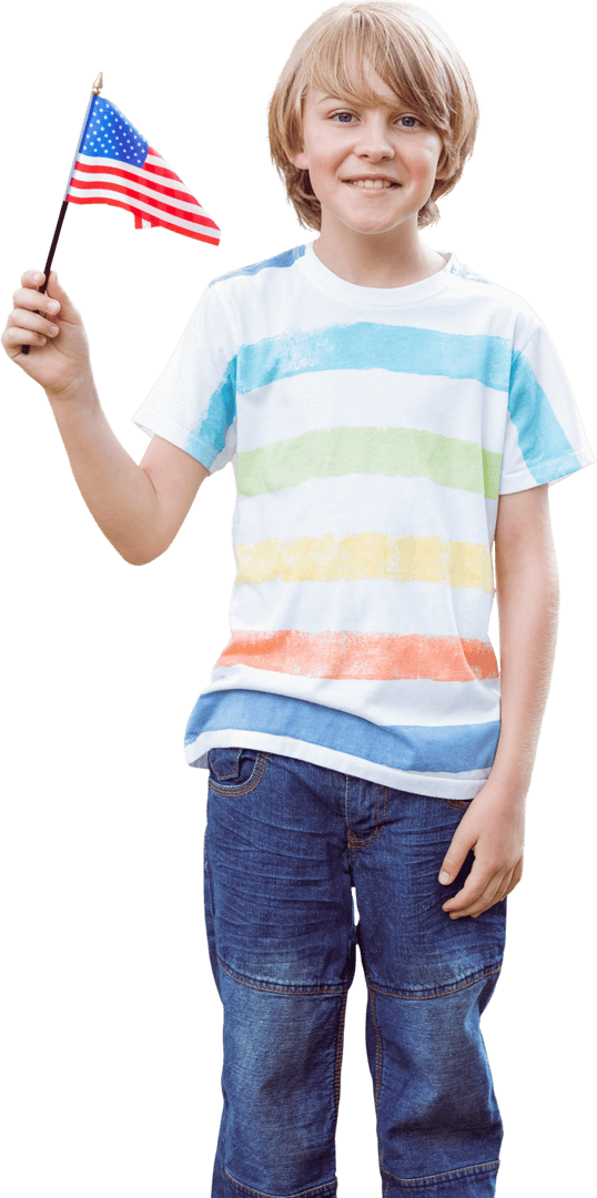 Caucasian Boy Waving American Flag on Transparent Background