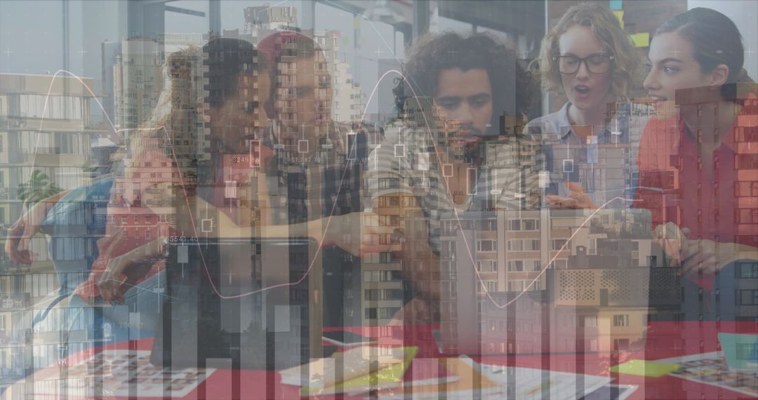 Diverse Team Analyzing Financial Data with City Background Overlay