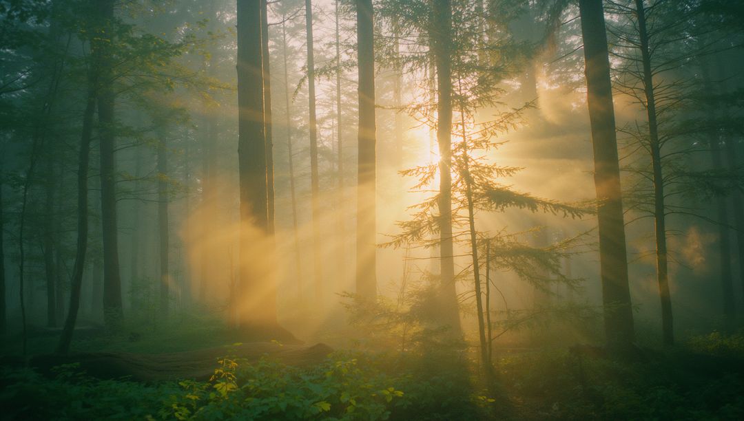 Sunbeams Creating Mystical Atmosphere in Foggy Woodland