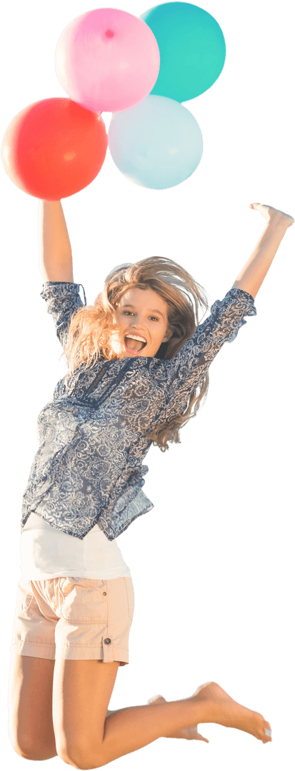 Happy Caucasian Woman Jumping with Colorful Balloons Transparent