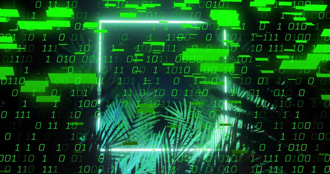 Binary Code Overlaying Futuristic Tropical Plants in Digital Setting