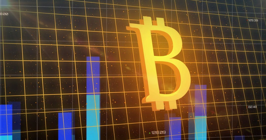 Bitcoin Sign with Financial Data Overlaying Digital World Map Graphics