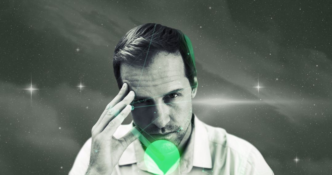 Man Contemplating Universe with Starry Galaxy Background