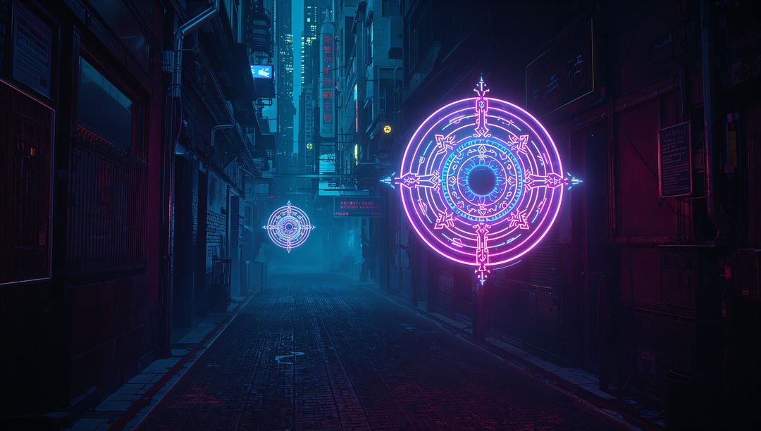 Futuristic Neon Glyphs Hovering in Urban Alleyway