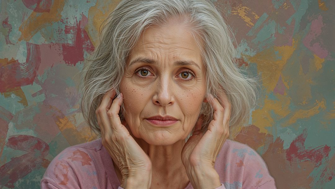 Serene old people expressing thoughtfulness against abstract backdrop