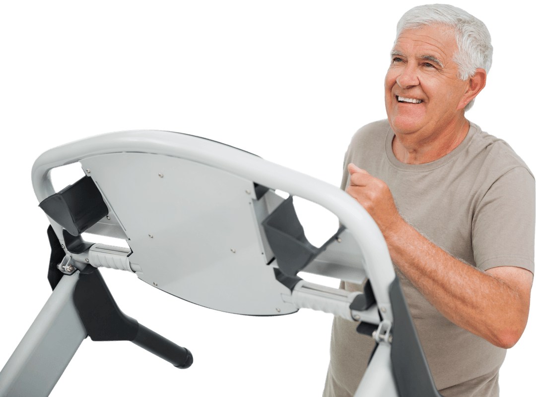 Happy Senior Man Exercising on Transparent Treadmill