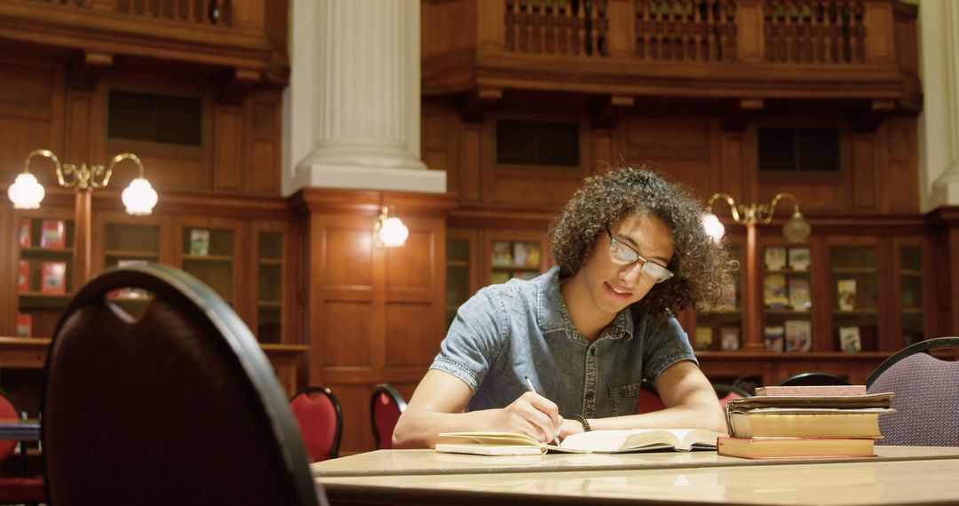 Young Man Studying in Wooden Library Interior with Books