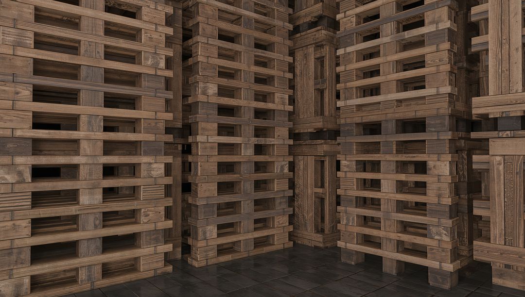 Stacking Wooden Pallets Forming Dense Warehouse Aisles with Timber Grain and Shadows