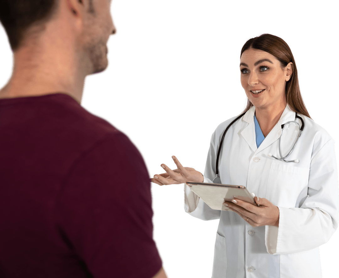 Transparent Doctor Communicating with Patient Holding Digital Tablet