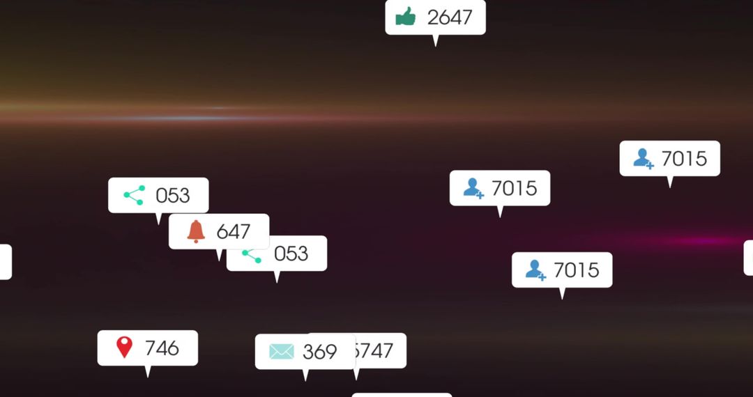 Floating social notification bubbles showing likes followers messages on dark neon gradient