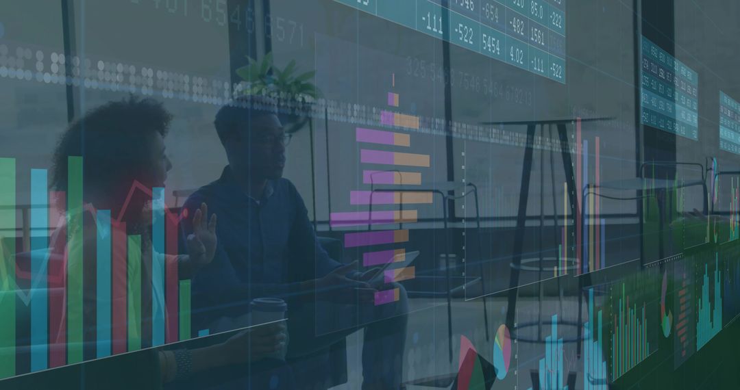 Discussing data analytics with vibrant dashboard overlays in modern collaborative office