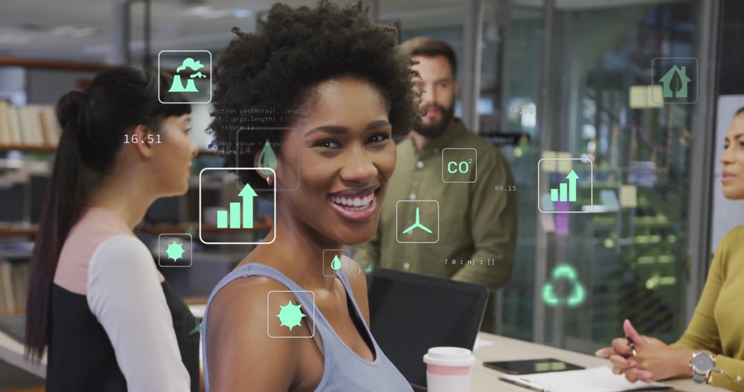 Diverse Office Team Analyzing Ecological Data with Interactive Graphics