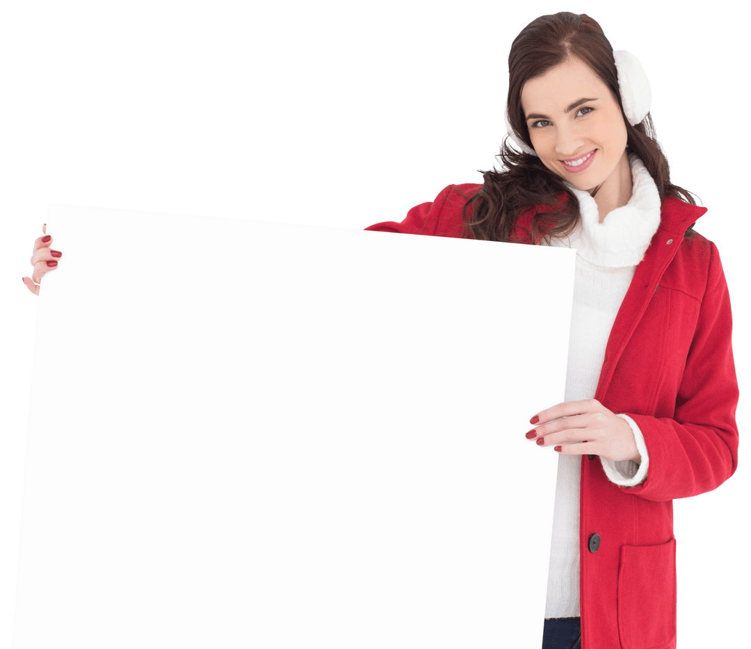 Happy Brunette in Red Jacket Showing Big Blank White Banner Transparent Background
