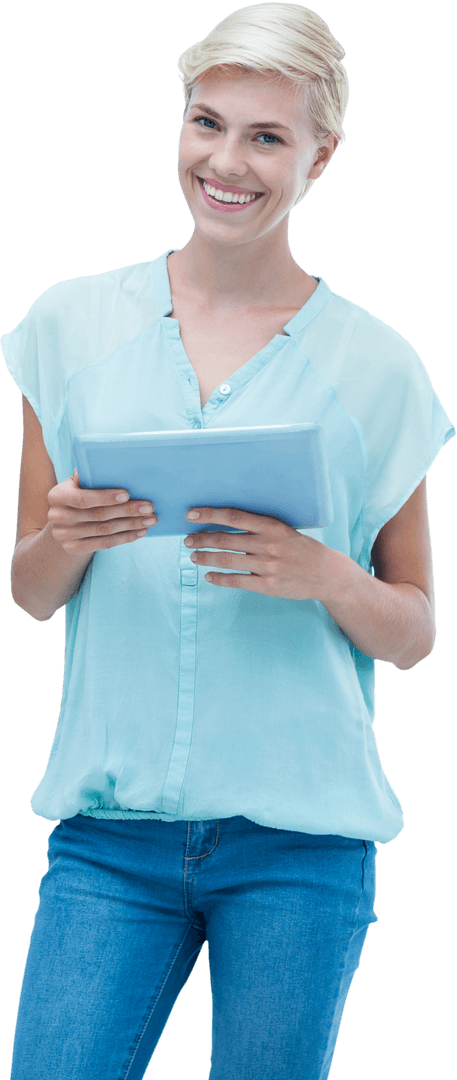 Happy Caucasian Woman Using Tablet with Transparent Background