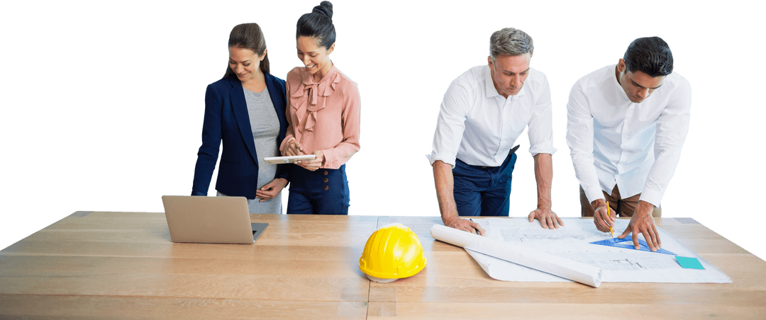 Transparent Team of Architects Collaborating on Table with Plans