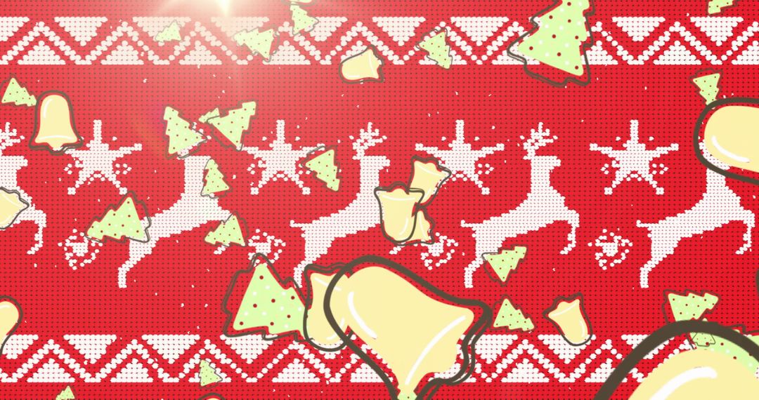Festive Christmas Bells and Trees on Knitted Red Background