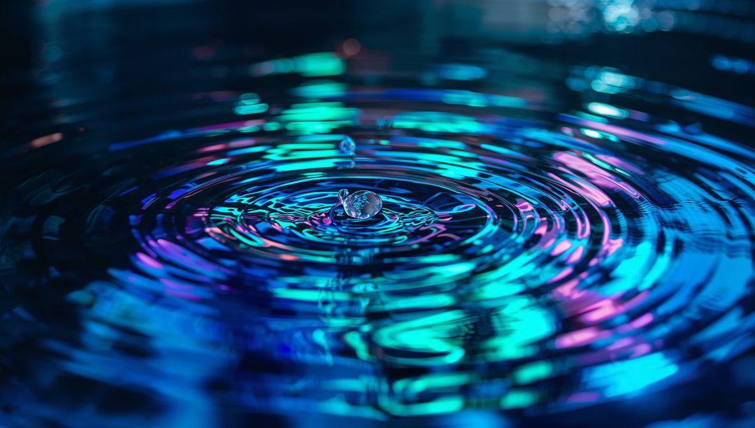 Neon water droplet creating concentric ripples and crown with teal magenta reflections